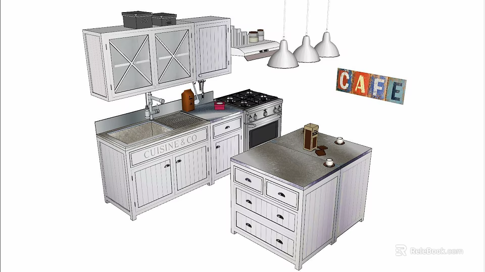 Modern Kitchen Cabinets With Sink Stove Pendant Lights And CAFE Sign 3d model 