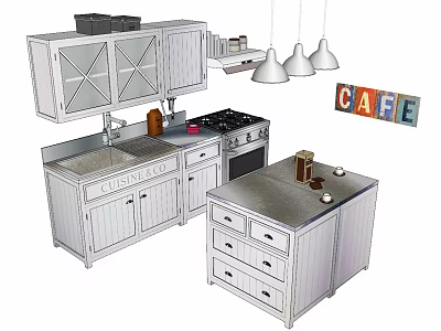 Modern Kitchen Cabinets With Sink Stove Pendant Lights And CAFE Sign 3d model
