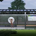 Modern Outdoor Pergola With Black Roof Metal Frame Bench And Information Display Board