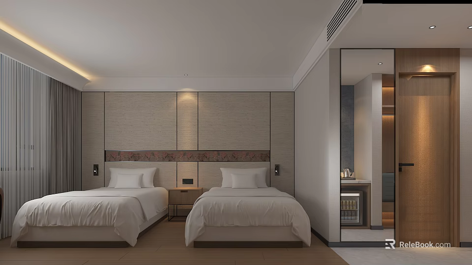 Modern Hotel Room Interior With Twin Beds Nightstands Soft Lighting And Wooden Floor 3d model 
