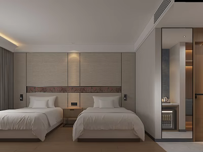 Modern Hotel Room Interior With Twin Beds Nightstands Soft Lighting And Wooden Floor 3d model