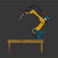 Game and Movie Character Yellow Robotic Arm on Platform with Metal Railings