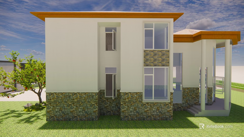 Single Family House With White Exterior Stone Base Large Windows Orange Roof And Green Lawn 3d model 