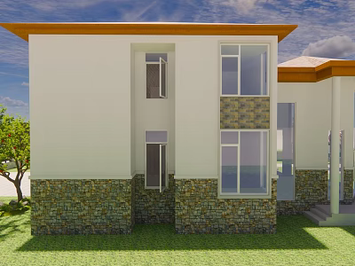 Single Family House With White Exterior Stone Base Large Windows Orange Roof And Green Lawn 3d model