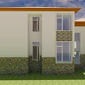 Single Family House With White Exterior Stone Base Large Windows Orange Roof And Green Lawn