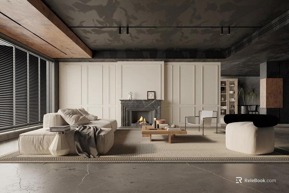 Modern Living Room Interior With Sofa Fireplace Coffee Table And Large Windows 3d model 