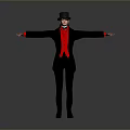 Man in Black Top Hat and Red Shirt with Arms Outstretched on Gray Background