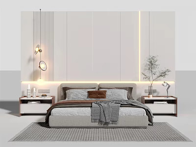 Double Bed with White Striped Wall Hanging Lamps Nightstands Green Plant Blanket and Patterned Rug 3d model