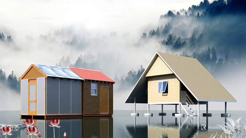 Detached Villas on Water Surrounded by Misty Forest with Colorful Roofs Wooden Pillars and Lotus 3d model 