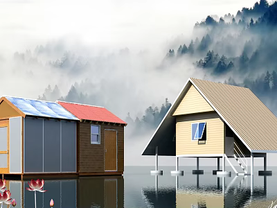 Detached Villas on Water Surrounded by Misty Forest with Colorful Roofs Wooden Pillars and Lotus 3d model