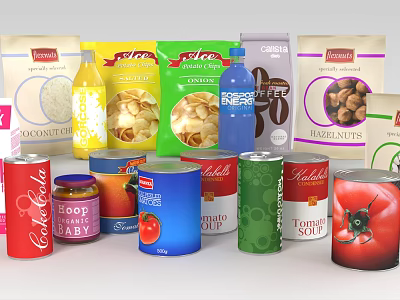 Assorted Packaged Food Items Including Canned Goods Snacks And Beverages 3d model