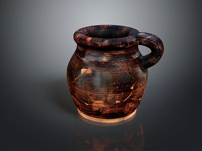 Handcrafted Clay Jug With Brown Black Textured Surface And Curved Handle 3d model