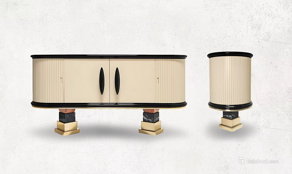 Modern Elegant Sideboard Cabinet With Vertical Striped Panels Black Trim And Gold Legs 3d model 