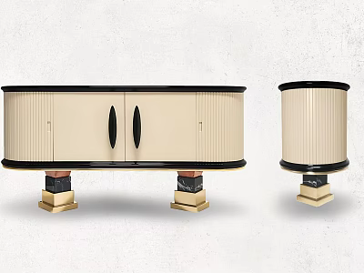 Modern Elegant Sideboard Cabinet With Vertical Striped Panels Black Trim And Gold Legs 3d model