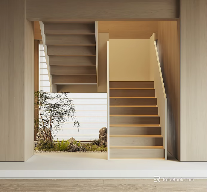 Modern Wooden Staircase Design With Light Colored Walls Green Plant And Small Rock Garden 3d model 