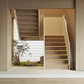 Modern Wooden Staircase Design With Light Colored Walls Green Plant And Small Rock Garden