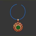 Elegant Gold Necklace With Round Pendant Green Gemstone And Decorative Pattern