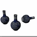 Three Blue And White Ceramic Vases With Intricate Traditional Patterns On White Background