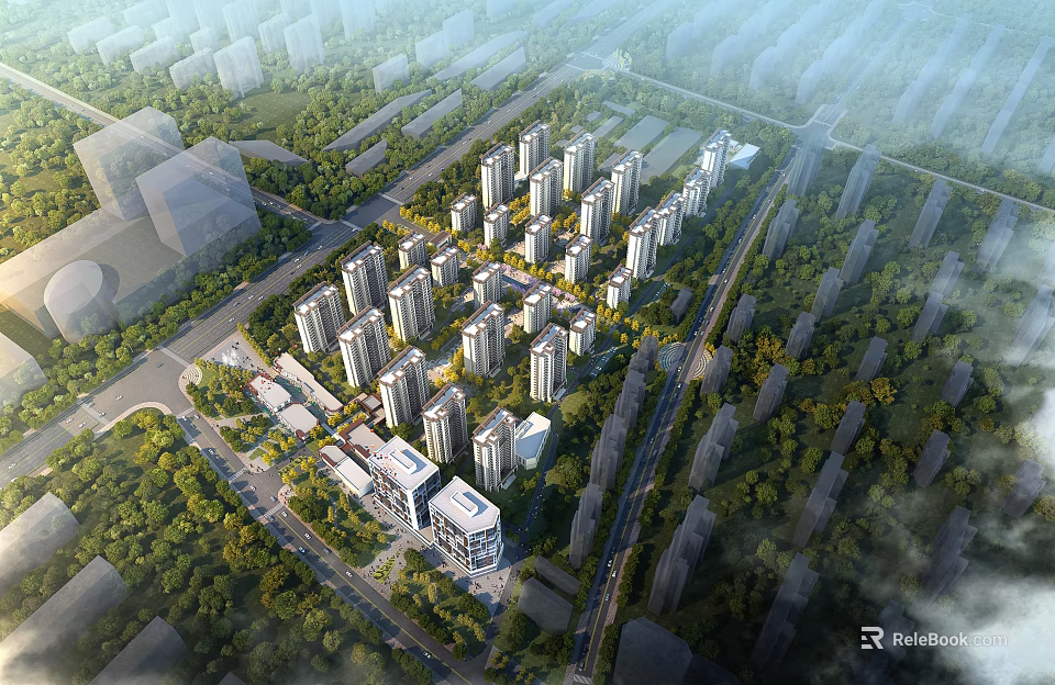 Aerial View Planning of Modern Residential Community with High Rise Buildings Green Spaces and Road Networks 3d model 