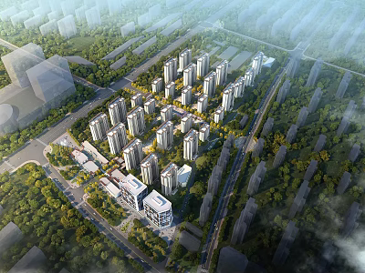 Aerial View Planning of Modern Residential Community with High Rise Buildings Green Spaces and Road Networks 3d model