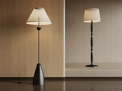 Modern Floor Lamps With White Shades And Black Bases Against Wooden And Light Textured Backgrounds 3d model