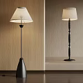 Modern Floor Lamps With White Shades And Black Bases Against Wooden And Light Textured Backgrounds