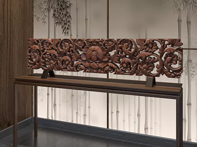 Traditional Wooden Sculpture Carving With Intricate Patterns On Table Against Bamboo Background 3d model