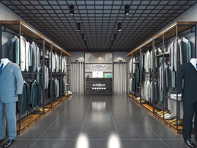 Men's Clothing Store Interior With Suits On Racks And Styled Mannequins 3d model