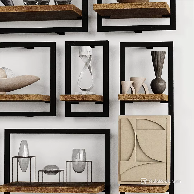 Stylish Decorative Ornament Set with Black Frame Shelves Various Shaped Vases Sculptures and Geometric Panels 3d model 