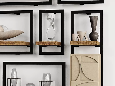 Stylish Decorative Ornament Set with Black Frame Shelves Various Shaped Vases Sculptures and Geometric Panels 3d model