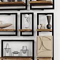 Stylish Decorative Ornament Set with Black Frame Shelves Various Shaped Vases Sculptures and Geometric Panels