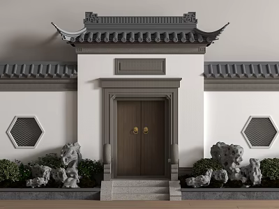 Traditional Chinese Entrance With Eaves Roof Dark Wooden Door Golden Knockers Hexagonal Windows Stone Decor And Greenery 3d model