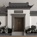 Traditional Chinese Entrance With Eaves Roof Dark Wooden Door Golden Knockers Hexagonal Windows Stone Decor And Greenery