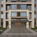 Modern Building Exterior With Entrance Wooden Doors Glass Windows And Light Fixtures