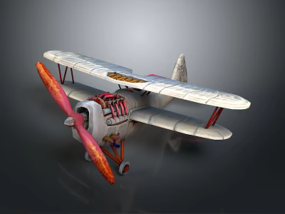Vintage Biplane Airplane With Red Propeller And White Wing Details In Classic Style 3d model