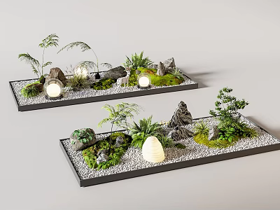 Indoor Landscape With Rectangular Trays Green Plants Stones Moss Small Lights Rock Formations And Trees 3d model