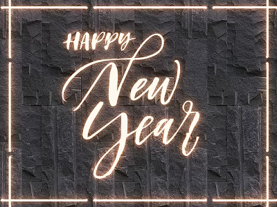 Festive Lighting Combination With Happy New Year Text And Glowing Frame On Dark Stone Wall 3d model
