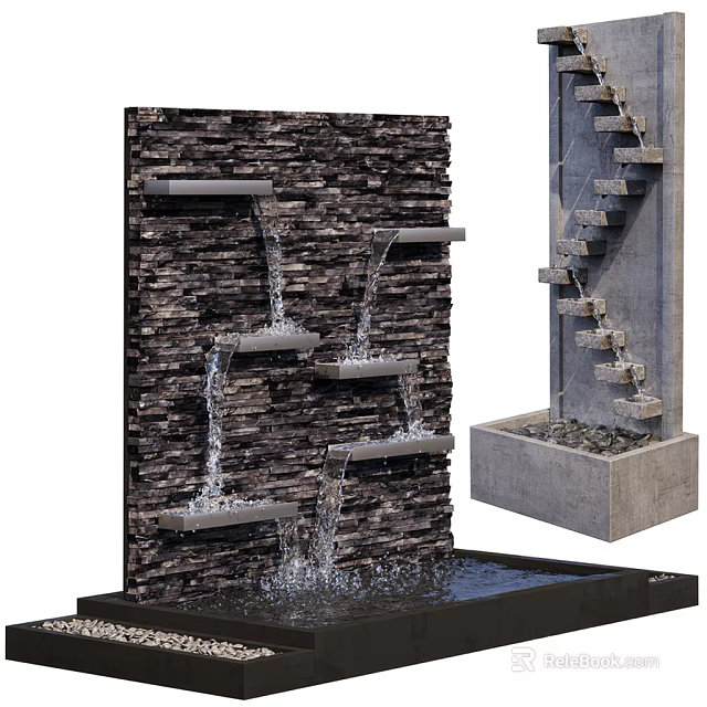 Decorative Garden Water Feature With Stone Wall Waterfall And Stepped Water Structure 3d model