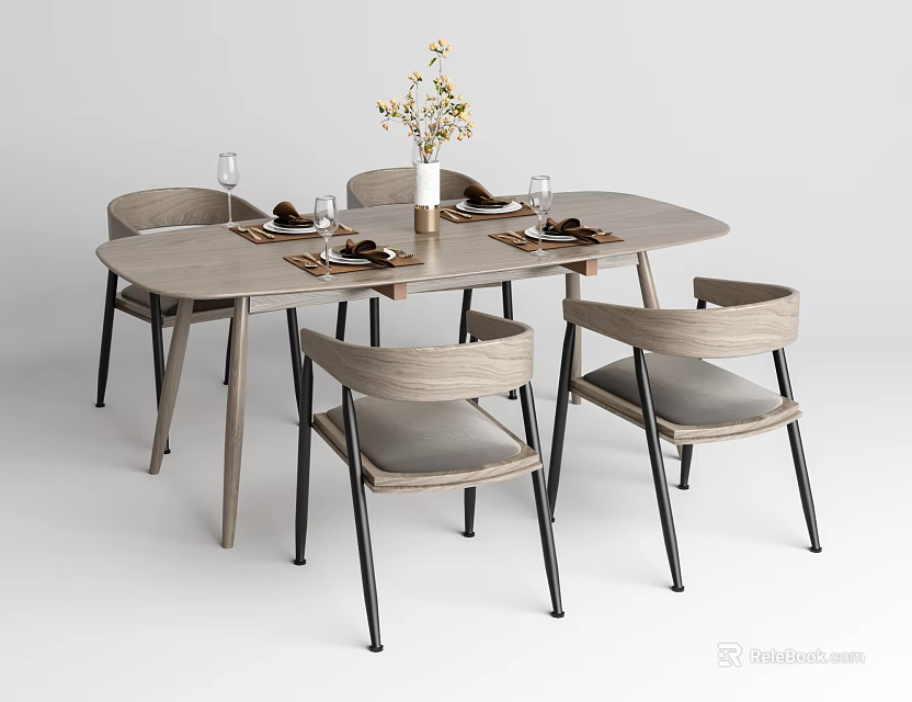 Elegant Wooden Oval Dining Table Set With Gray Cushioned Chairs And Flower Vase 3d model 