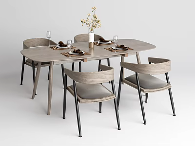 Elegant Wooden Oval Dining Table Set With Gray Cushioned Chairs And Flower Vase 3d model