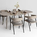 Elegant Wooden Oval Dining Table Set With Gray Cushioned Chairs And Flower Vase