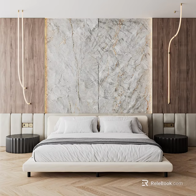 Modern Bedroom Accent Wall With Marble Design Wooden Panels And Upholstered Bed 3d model 