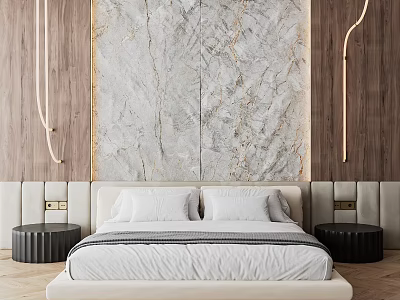 Modern Bedroom Accent Wall With Marble Design Wooden Panels And Upholstered Bed 3d model