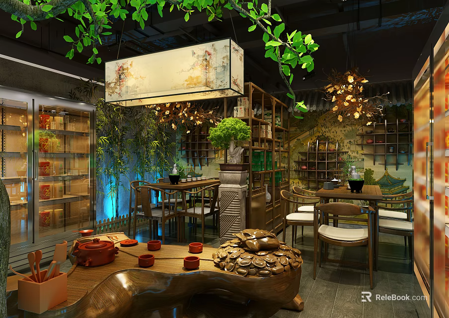 Traditional Tea Specialty Store Interior With Green Plants Chandeliers Wooden Tables And Tea Sets 3d model 
