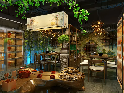 Traditional Tea Specialty Store Interior With Green Plants Chandeliers Wooden Tables And Tea Sets 3d model