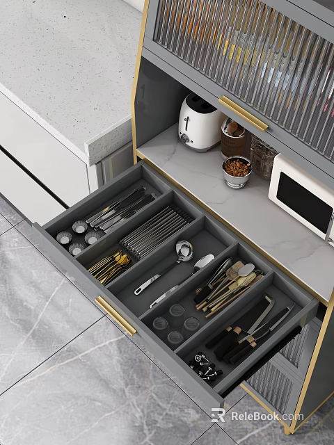 Functional Sideboard Featuring Open Drawer Divided Compartments for Organized Utensil Storage and Gold Handles 3d model 