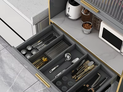 Functional Sideboard Featuring Open Drawer Divided Compartments for Organized Utensil Storage and Gold Handles 3d model
