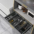 Functional Sideboard Featuring Open Drawer Divided Compartments for Organized Utensil Storage and Gold Handles