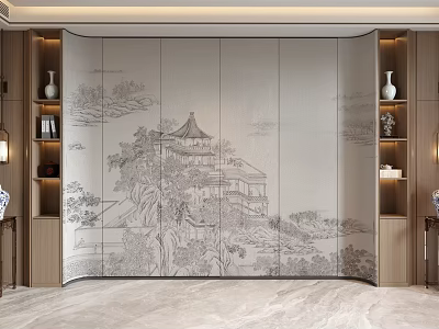 Chinese Style Wall Mural With Landscape Pavilion Painting And Wooden Side Cabinets For Home Interior 3d model