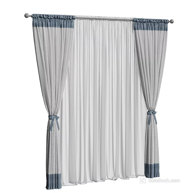Layered Gray Curtains with Blue Trim and White Sheer Panels and Blue Tiebacks 3d model 